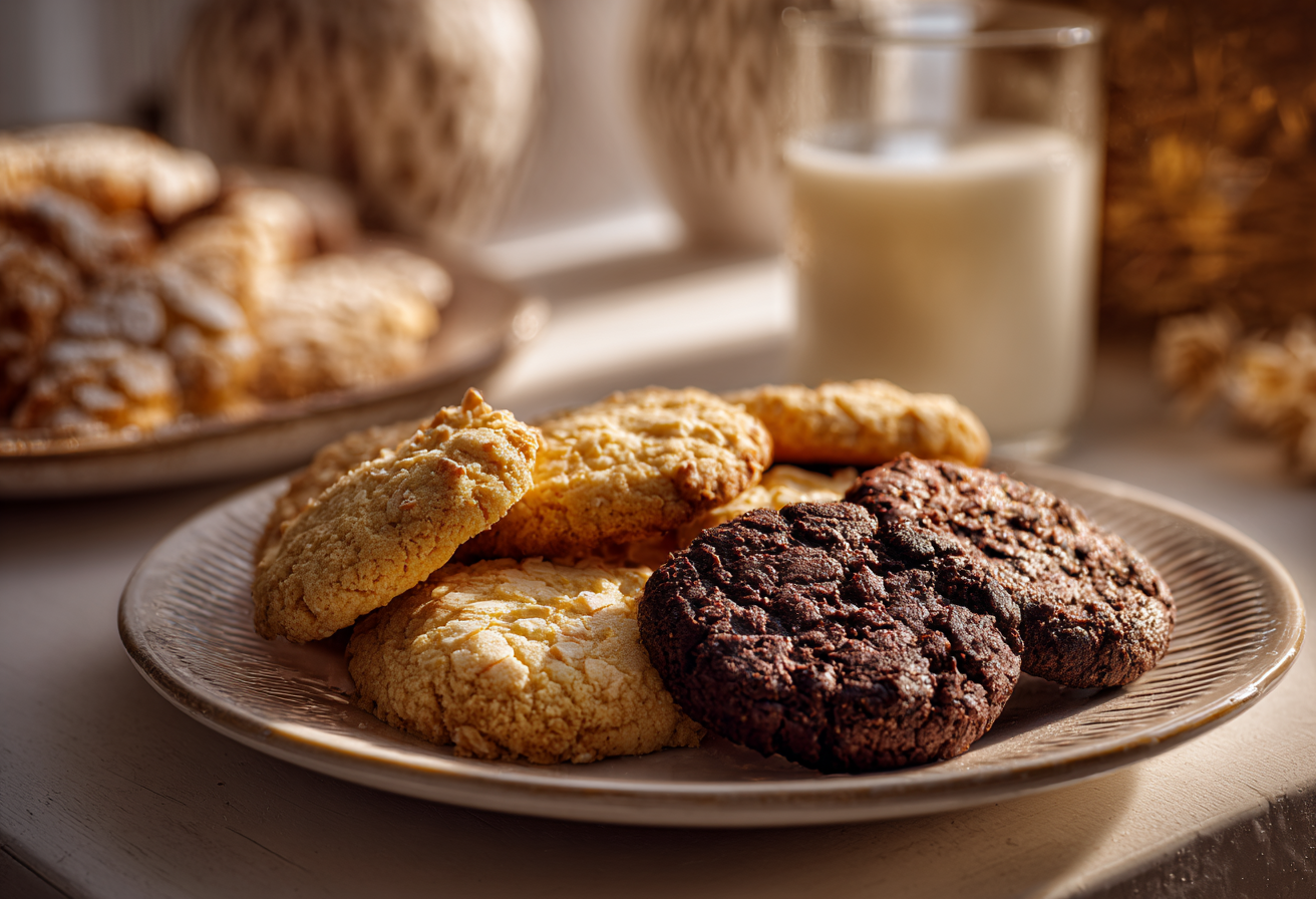 A realistic, detailed, natural-looking photo of assorted cookies placed strictly in the center of the frame: golden shortbread cookies, rustic oat cookies, and rich chocolate cookies, arranged together on a plate. Scene: cozy home kitchen with warm natural daylight, a few baking props like flour traces or a glass of milk in the background, but the cookies remain the dominant focus. Clean and visually appealing composition, DSLR photo look, shallow depth of field, realistic textures --ar 25:17